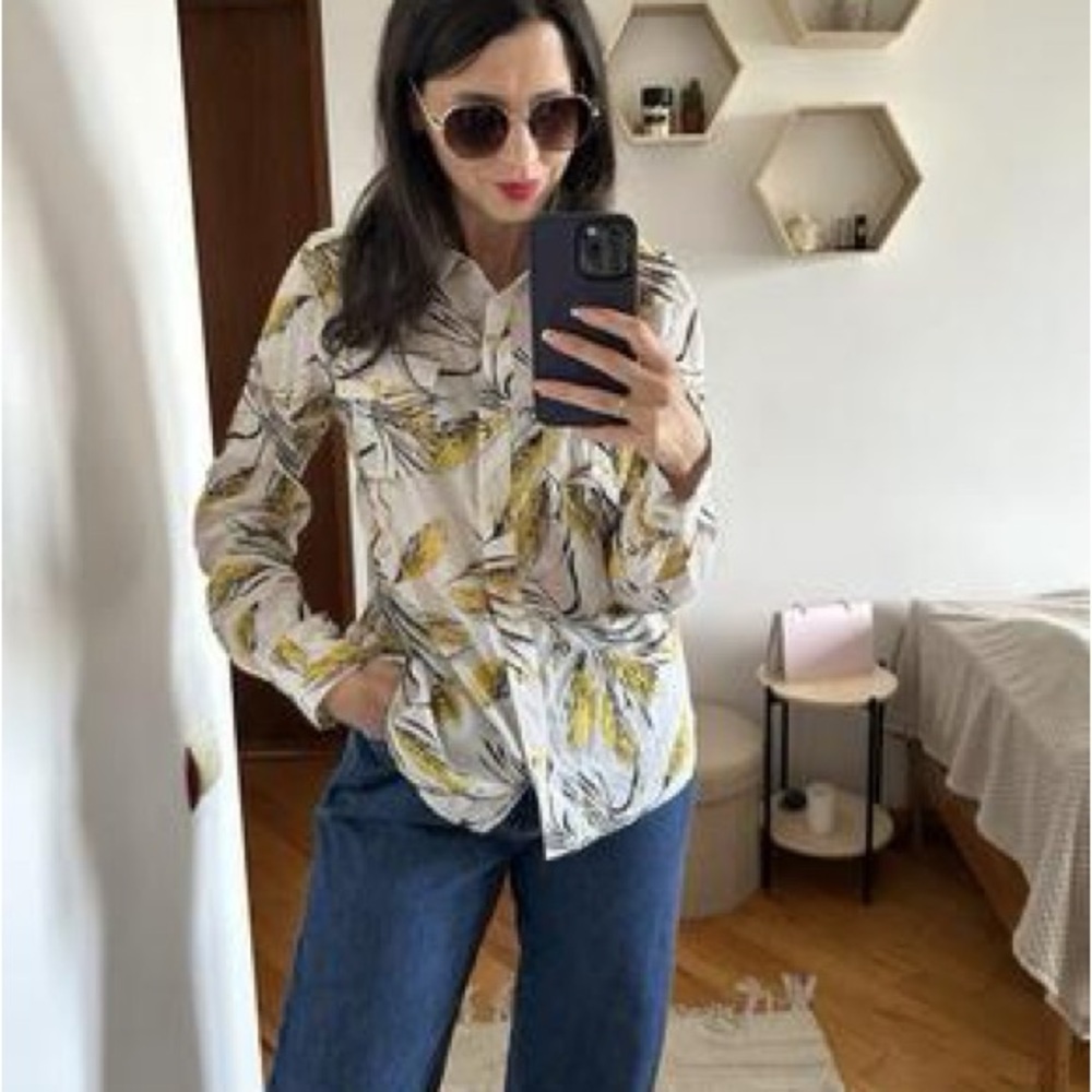 Tory Burch Bridget Cream and Yellow Leaf Print utility shirt Sz 6